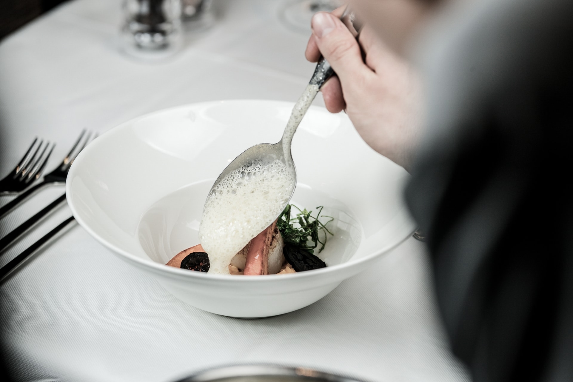 RR_Bild-02_RBG_Kulinarik Ein Gast ist im Begriff, ein Gourmet-Gericht mit zart gegartem Lachs, garniert mit Kräutern und einer schaumigen Sauce zu genießen, alles elegant auf einem weißen Teller in einem edlen Ambiente präsentiert.